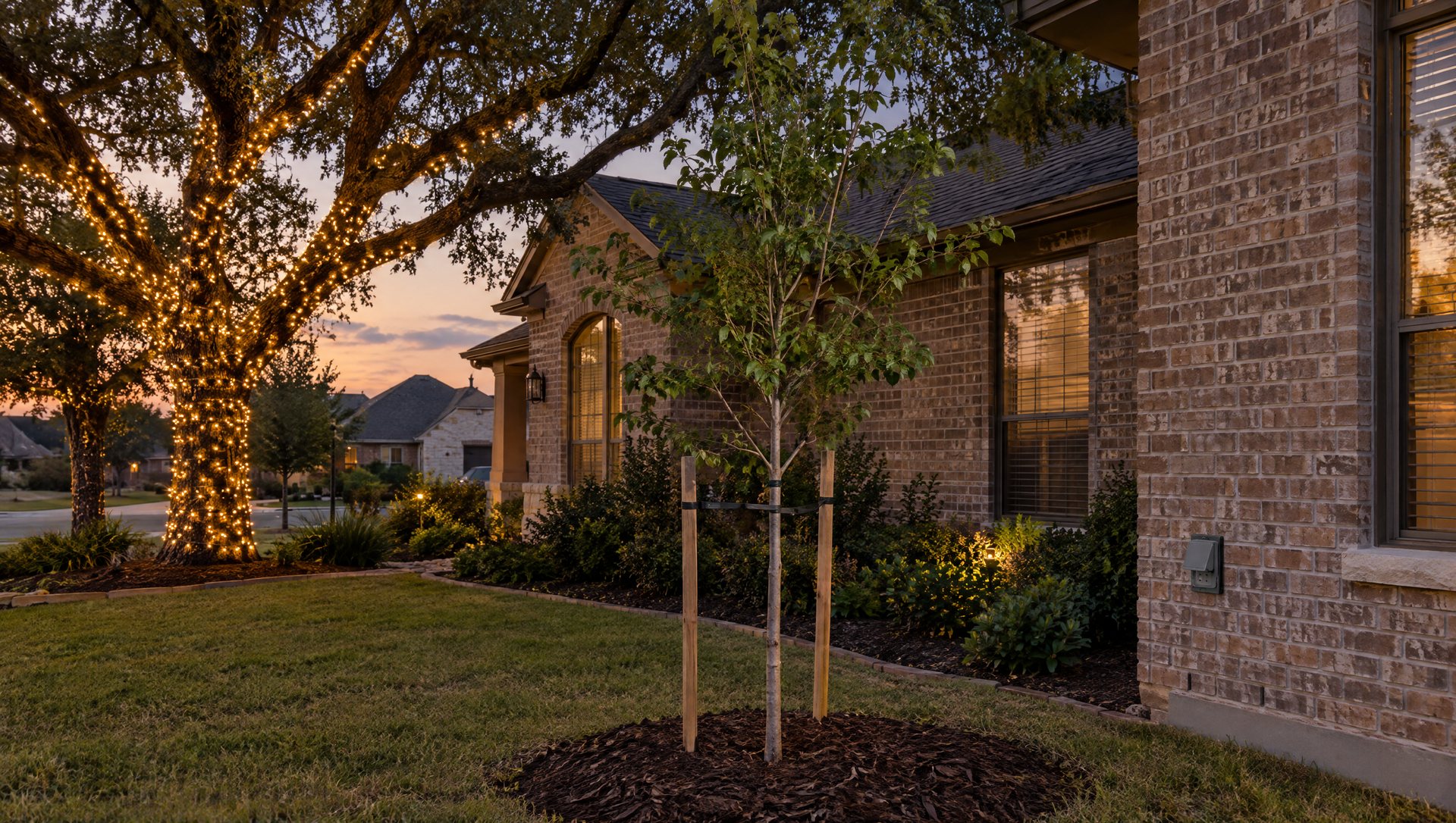 A young staked tree left unlit beside a mature live oak wrapped in warm white lights at dusk.